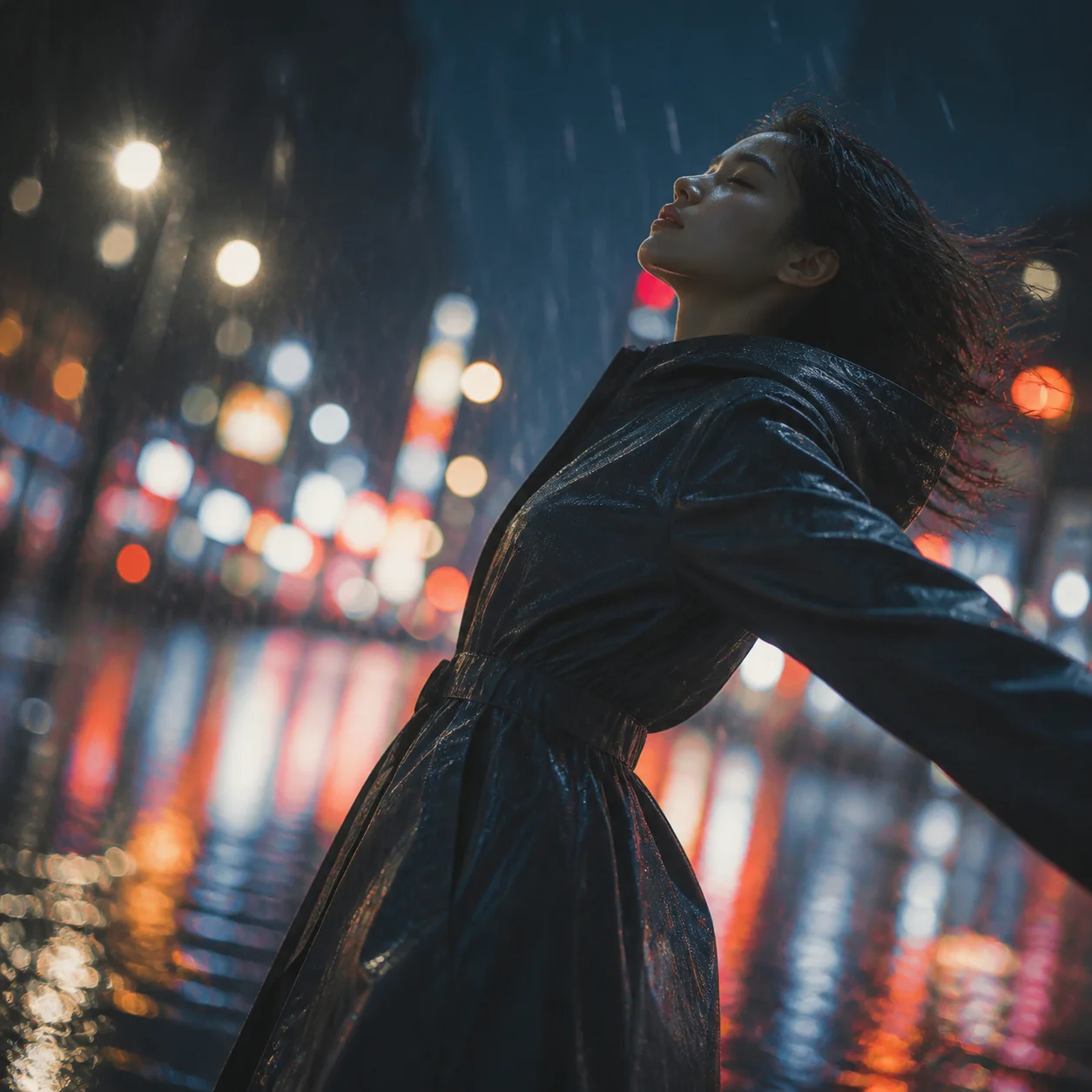 Character key frame — portrait on a rainy street, shallow depth of field