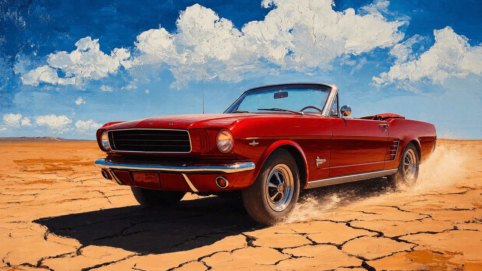 Kling API showcase — red convertible on cracked desert clay at golden hour