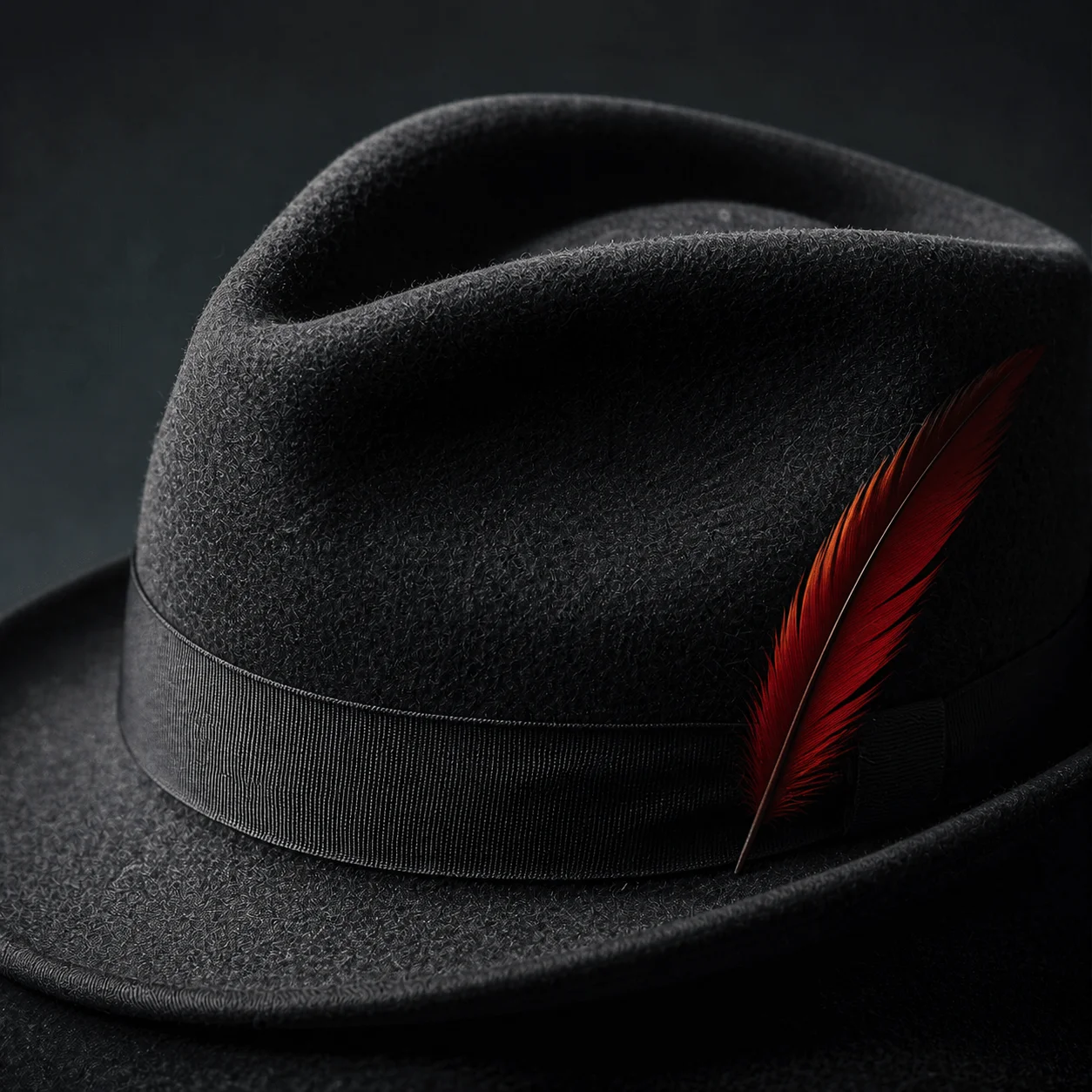 Style key frame — felt hat with a red feather, low-key lighting study