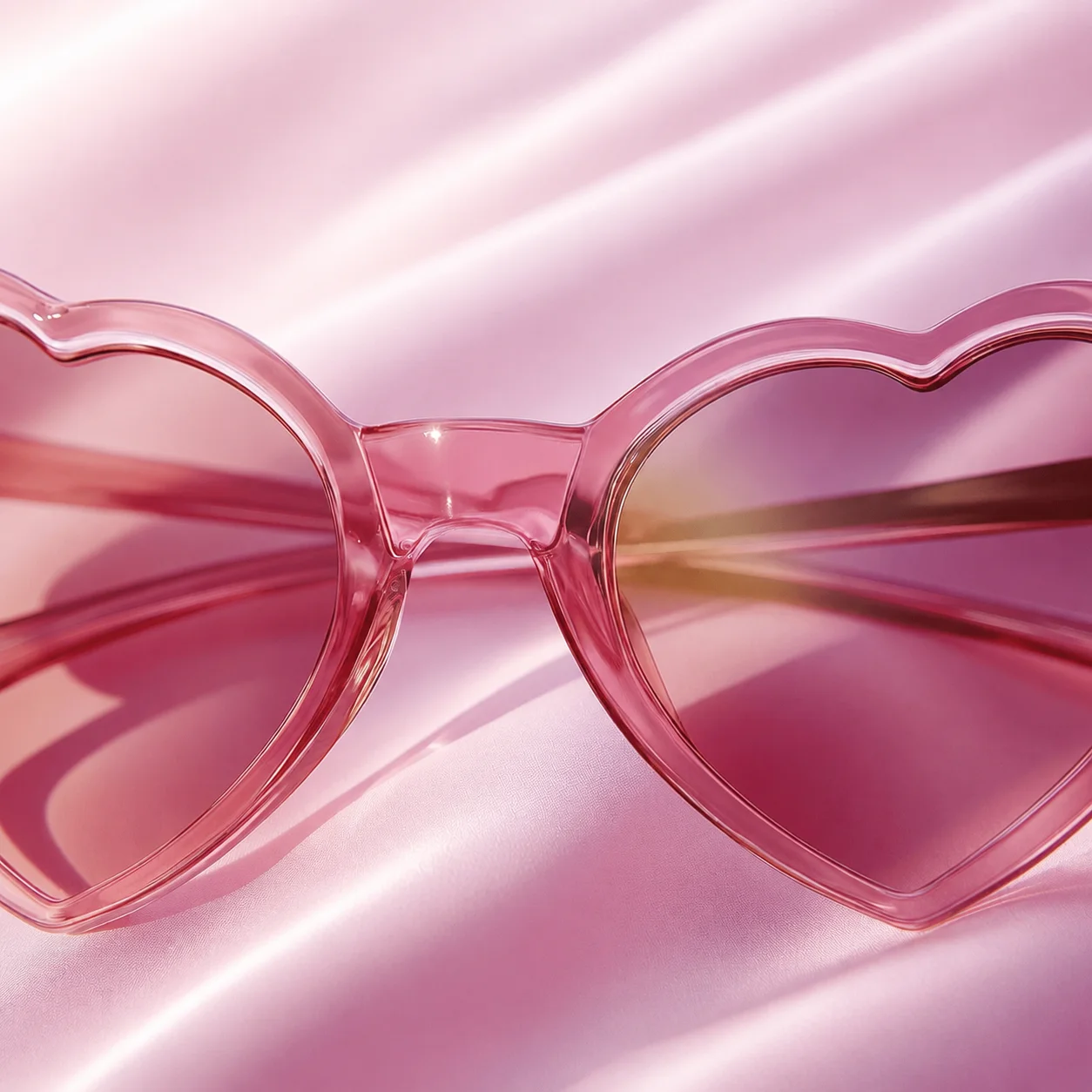Style key frame — pink heart sunglasses on rippled satin, monochrome palette