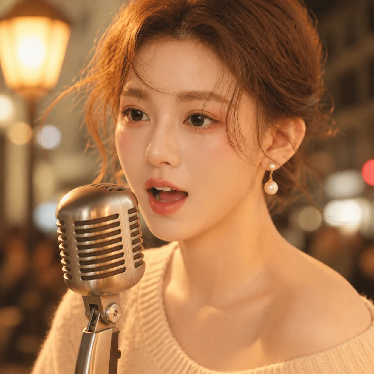 Audio key frame — street musician singing into a vintage microphone at night